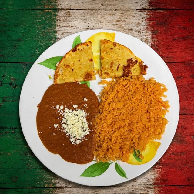 Kids Cheese Quesadilla, Rice and Beans.